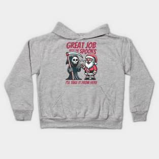 Grim Reaper Fist Bump with Santa Claus. From Halloween to Christmas Tis The Season Holiday Kids Hoodie